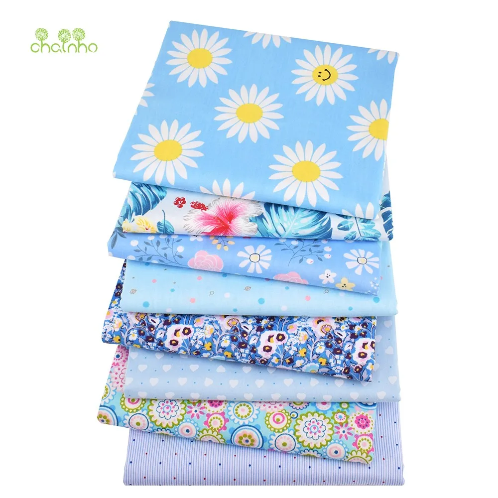 Chainho,Printed Twill Weave Cotton Fabric,Patchwork Cloth,DIY Sewing Quilting Material,Blue Floral Serie,8 Designs,2 Sizes,CC302
