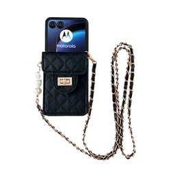 Pearl Crossbody Card Holder Wallet Phone Case - Soft Shockproof Cover - Moto Razr40Ultra (Black)