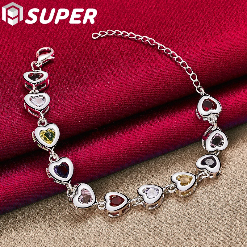 

925 Sterling Silver Heart inlaid With Multi-color AAA Zircon Bracelet Chain For Woman Engagement Party Wedding Jewelry