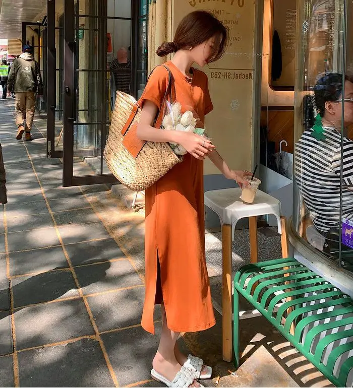 Casual Backless T Shirt Dress Summer New Round Neck Short Sleeve Solid Color Loose Midi Dress Fashion Trend Women Clothing