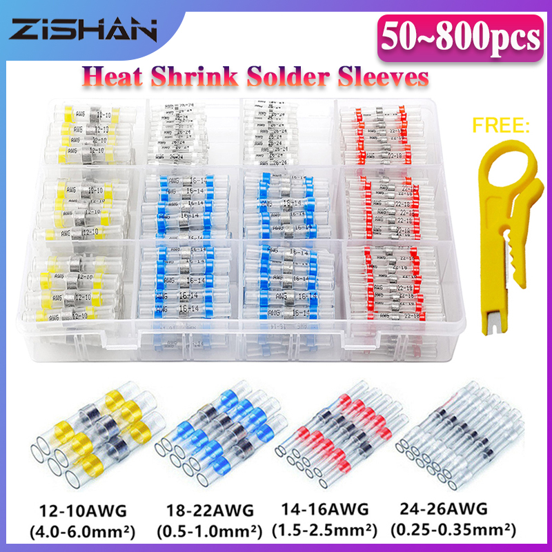 50-800Pcs Heat Shrink Butt Crimp Terminals Waterproof Solder Seal Electrical Connectors Wire Cable Splice Kit Automotive Marine