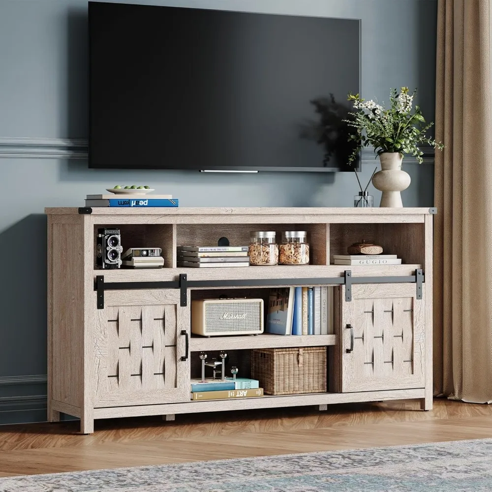 Farmhouse TV Stand for 65 Inch TV, Tall Highboy Entertainment Center with Sliding Barn Door, Rustic Media Console 2