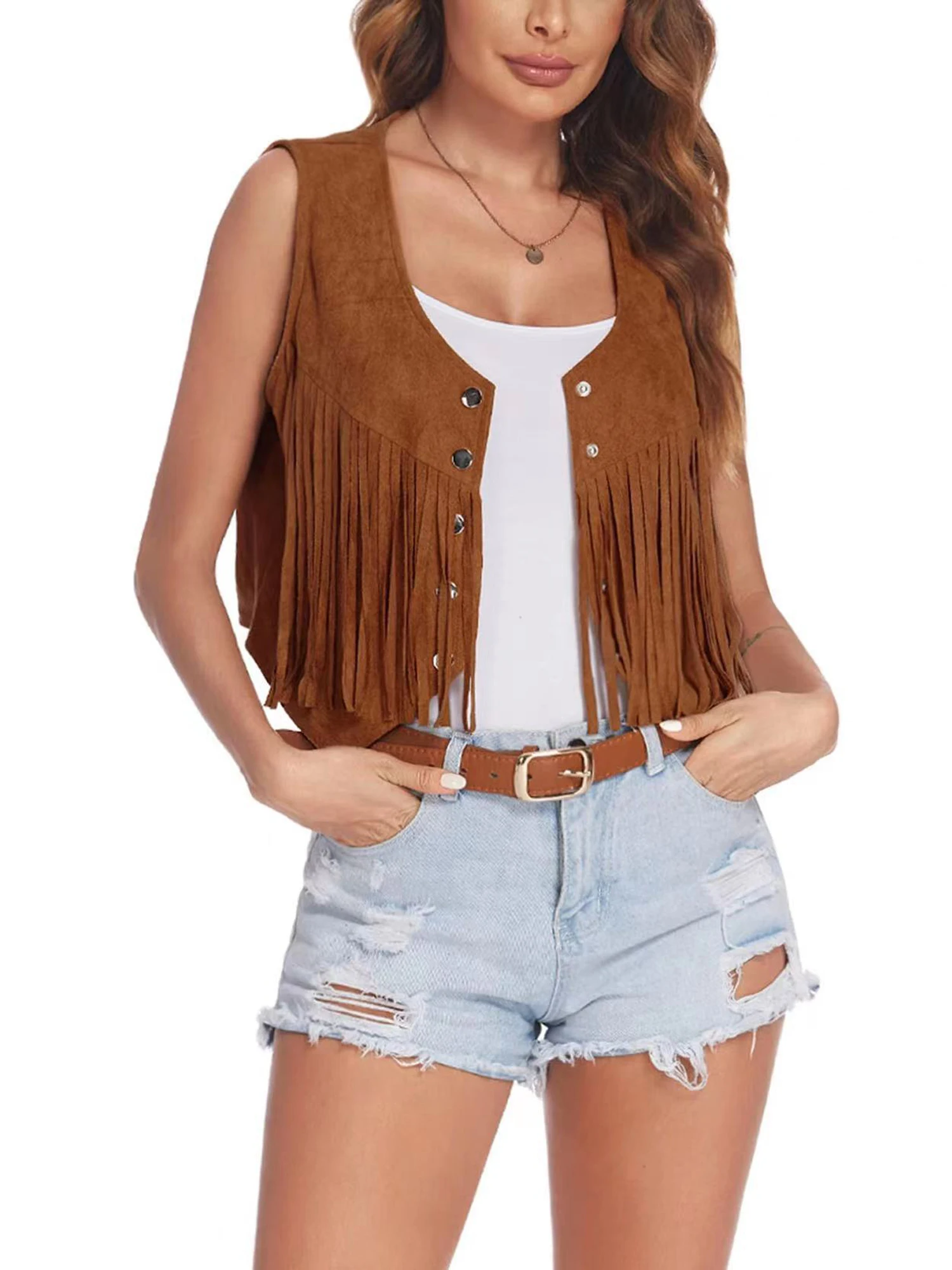 

Women Tassel Sleeveless Button Down Vest V Neck Fringe Trim Suede Tank Tops Vintage Solid Color Hippie Crop Jacket