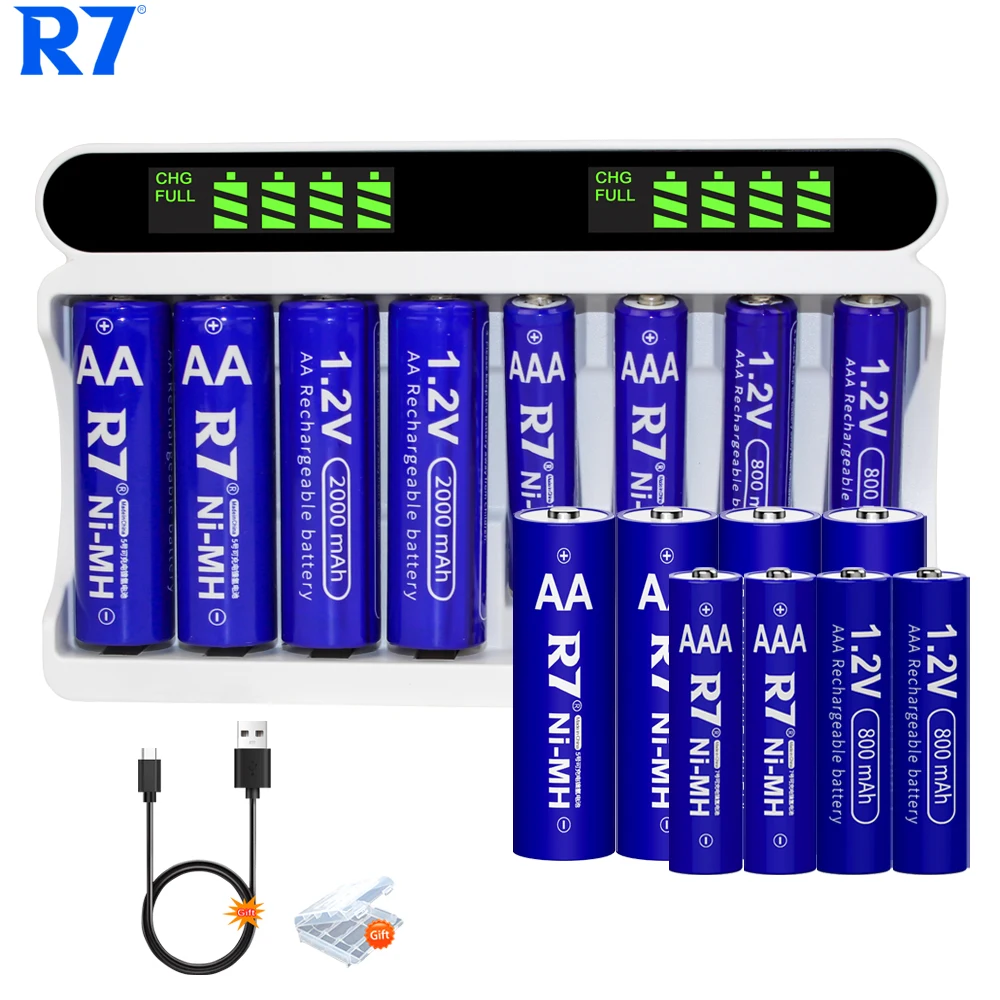 

R7 AA and AAA 1.2V rechargeable battery ni-mh AA 2000mAh / AAA 800mAh + 8 Slots LCD AAA/AA Battery Charger