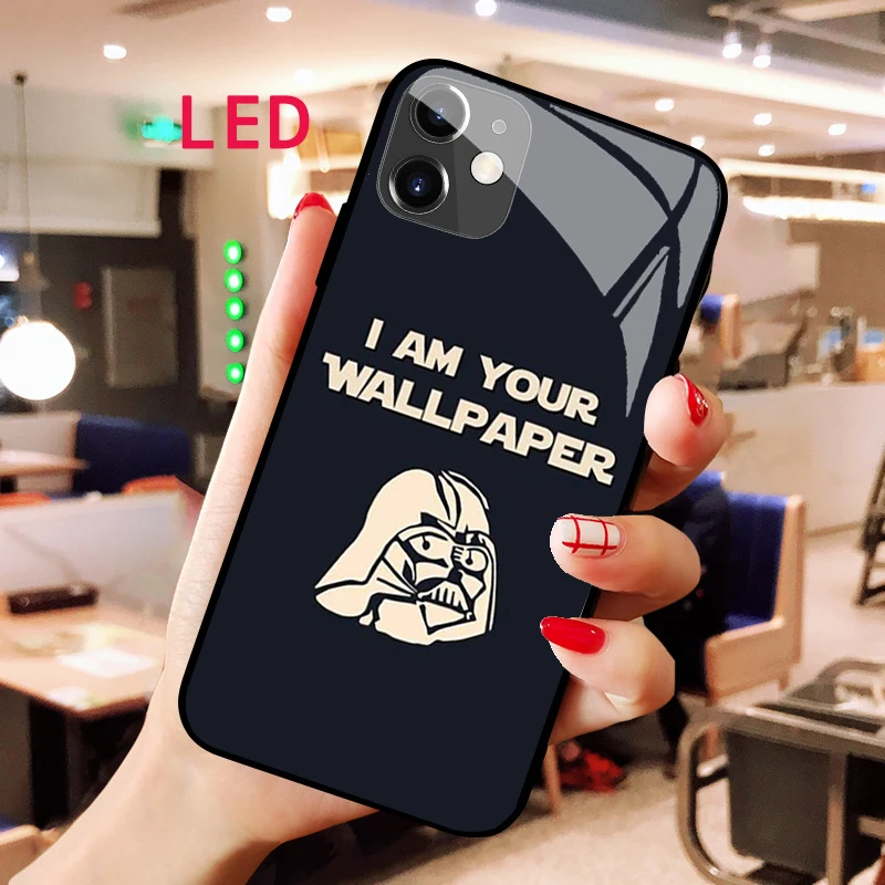 Star Wars DarthVader Luminous Tempered Glass phone case For Apple iphone 13 14 Pro Max Puls mini Fashion LED Backlight new cover luazon для iphone 12 mini с отсеком под карты текстиль кожзам красный
