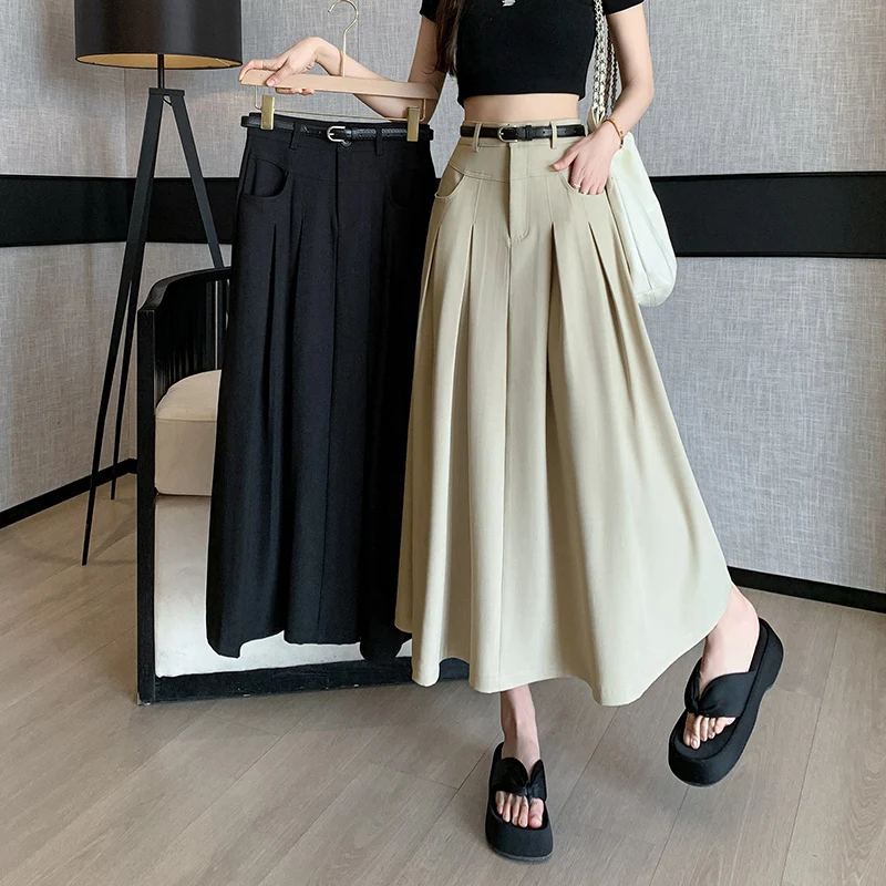 

2024 New Arrival Summer Korean Style Women Casual Loose Fit All-matched High Waist A-line Fashion Mid-calf OL Skirt V994