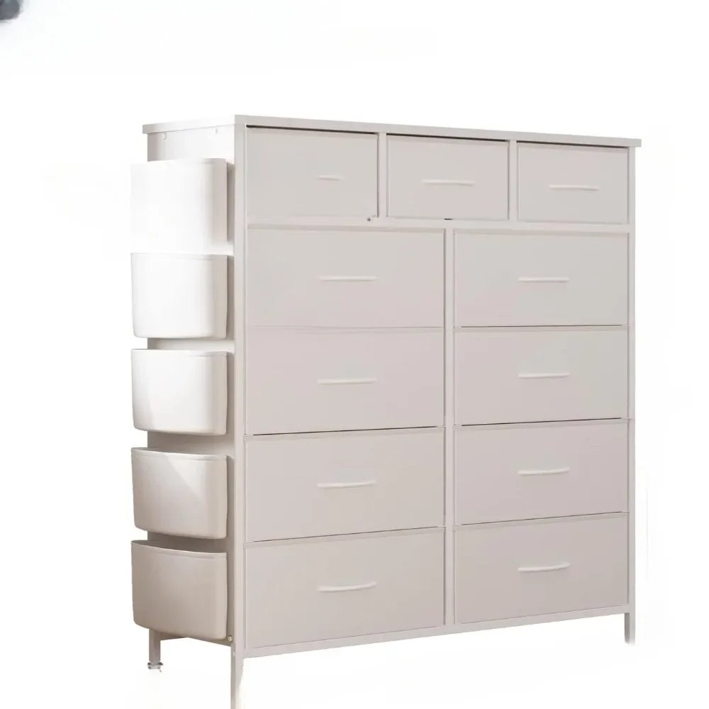 Wood Top Dresser Dresser for Bedroom With 11 Drawer Dressing Table Fabric Storage Drawer Steel Frame Hooks Dressers Furniture