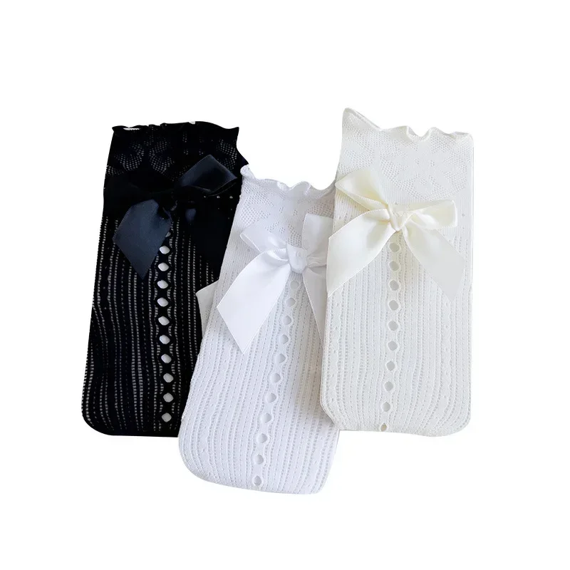 White Black Frilly JK Lolita Socks for Girls Pricess Bow Knee High Sock for Children Spring Summer Mesh Fishnet Kids Calf Sock