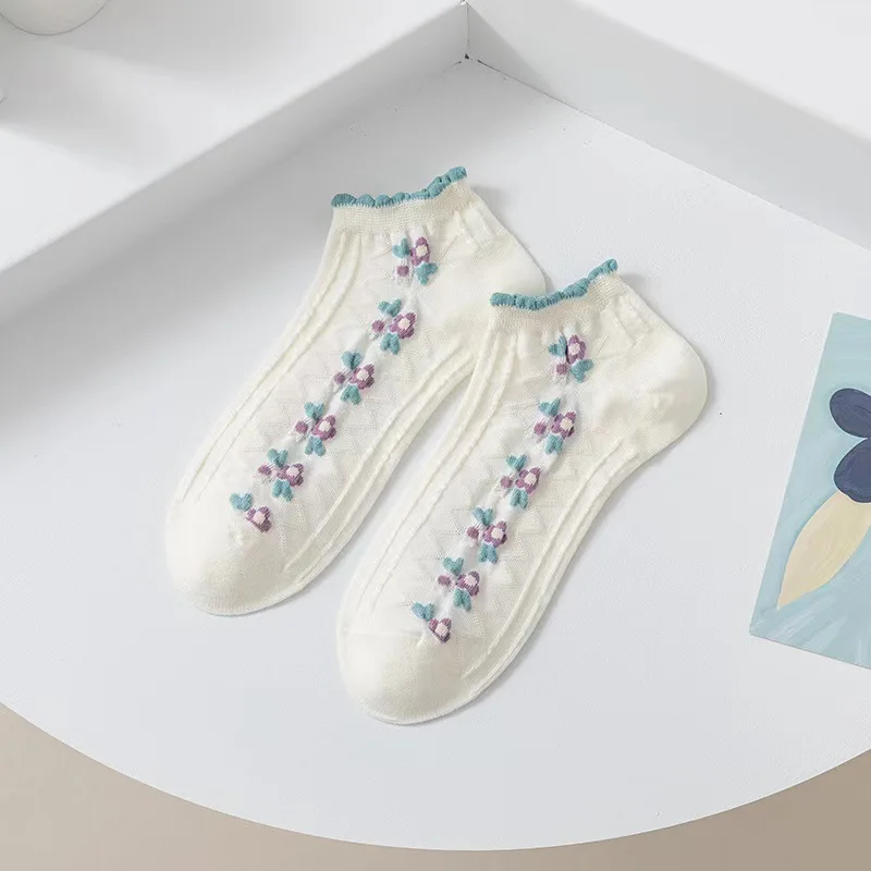5/10 Paar Damen-Blumen-Kurzsocken, modisch, niedlich, die Salatkanten, weich, bequem, schweißabsorbierend, atmungsaktiv, lässige Socken – Detail 10