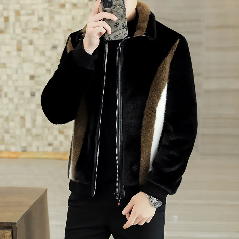 남성용 4304 스플라이싱 컬러 인조 모피 재킷, 따뜻한 지퍼, 두꺼운 외투, 짧은 코트 및 재킷, 턴다운 칼라, 슬림 겨울