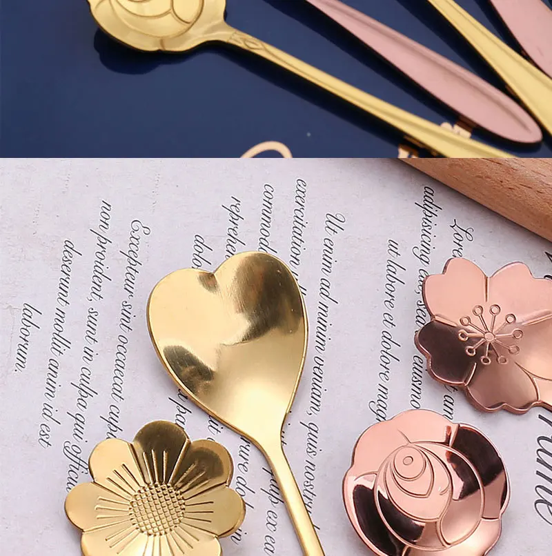 8Pcs Kleine Blume Teelöffel Edelstahl Kirsche Rose Blume Kaffee Löffel Geschenke Küche Dessert Zubehör Geschirr Dekoration Set – Detail 5