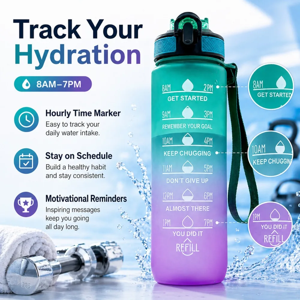 Large Gradient Leakproof Water Bottle with Time Marker - Ideal for Sports, Fitness, and Everyday Use