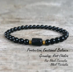 Raw Black Tourmaline Bracelet - 6mm Beaded Design for Protection, Grounding, Stress Relief & Root Chakra Support (MULTI)