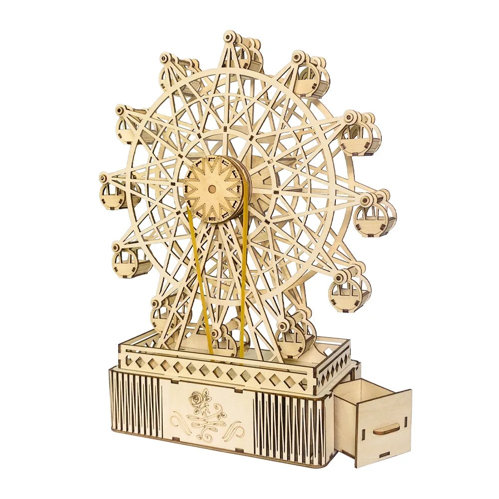 3D Wooden Puzzle Rotating Ferris Wheel Music Box Model Handmade DIY Assembly Toy Jigsaw Desktop Model Building Kits for Kids microworld 3d metal puzzle eternal love theme cake rotating music box model kits diy bir5thdays toy jigsaw gifts for girls child