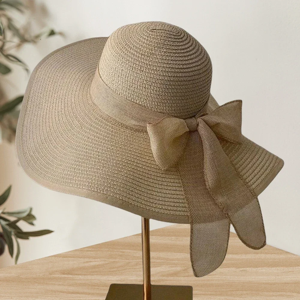1Pc Women's Seaside Bow Beach Hat Oversize Straw Hat Women's Summer Sun Block Big Brim Hat Suitable For Sun Protection - Image 3