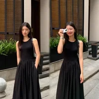 TKNOLEGE Summer New Round Neck SleevelessHigh Waist Temperament Female Fashion Style Dress Simple Elegant Black Long Dresses 6