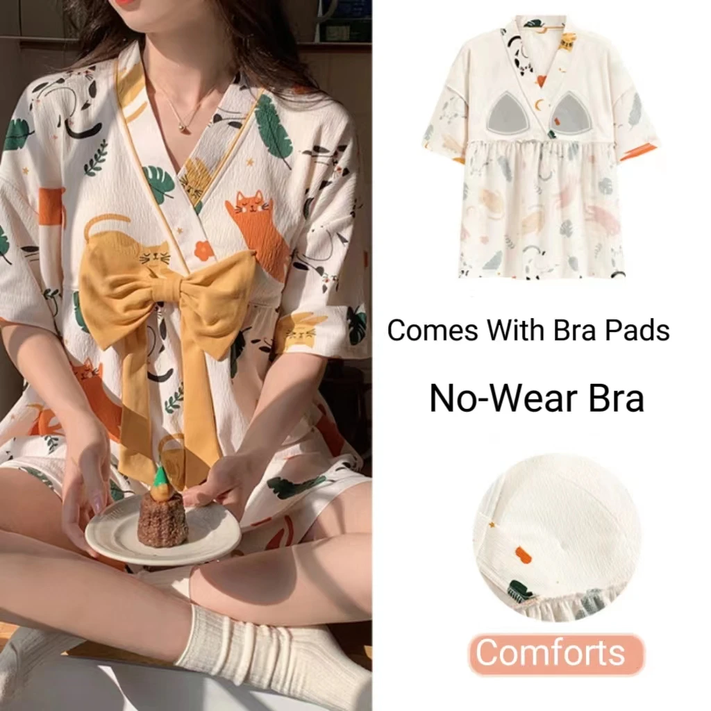 New Two-Piece Women's Pajamas Homewear Maternity Pajamas Summer Breastfeeding Clothes Imitation Cotton Homewear Leisure Suit 4