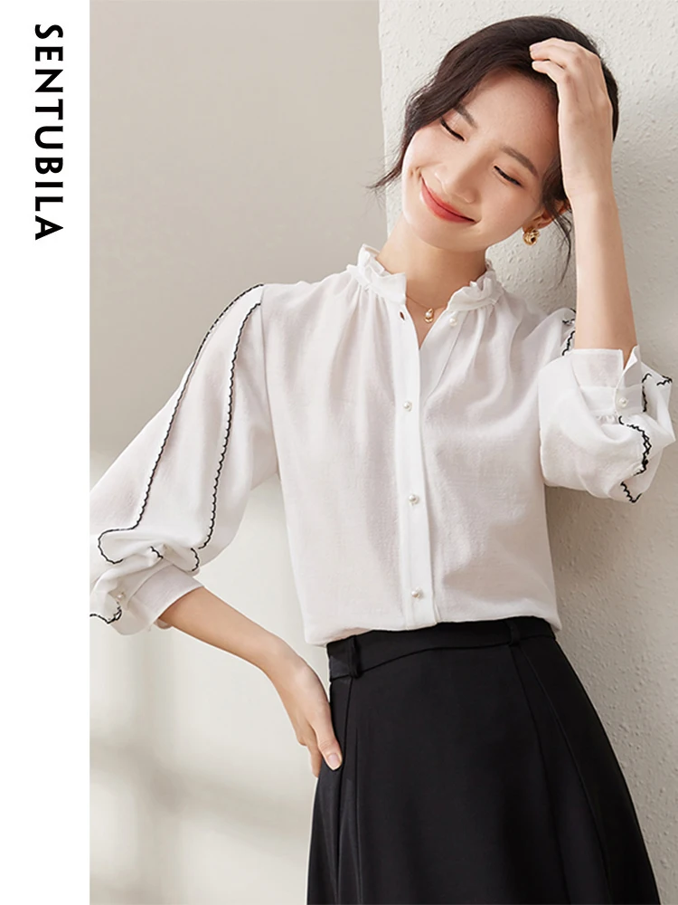 

SENTUBILA Elegant Ruffled Collar White Shirts for Women Fashion 2023 Straight Relaxed Fit Long Sleeve Tops Shirts and Blouses