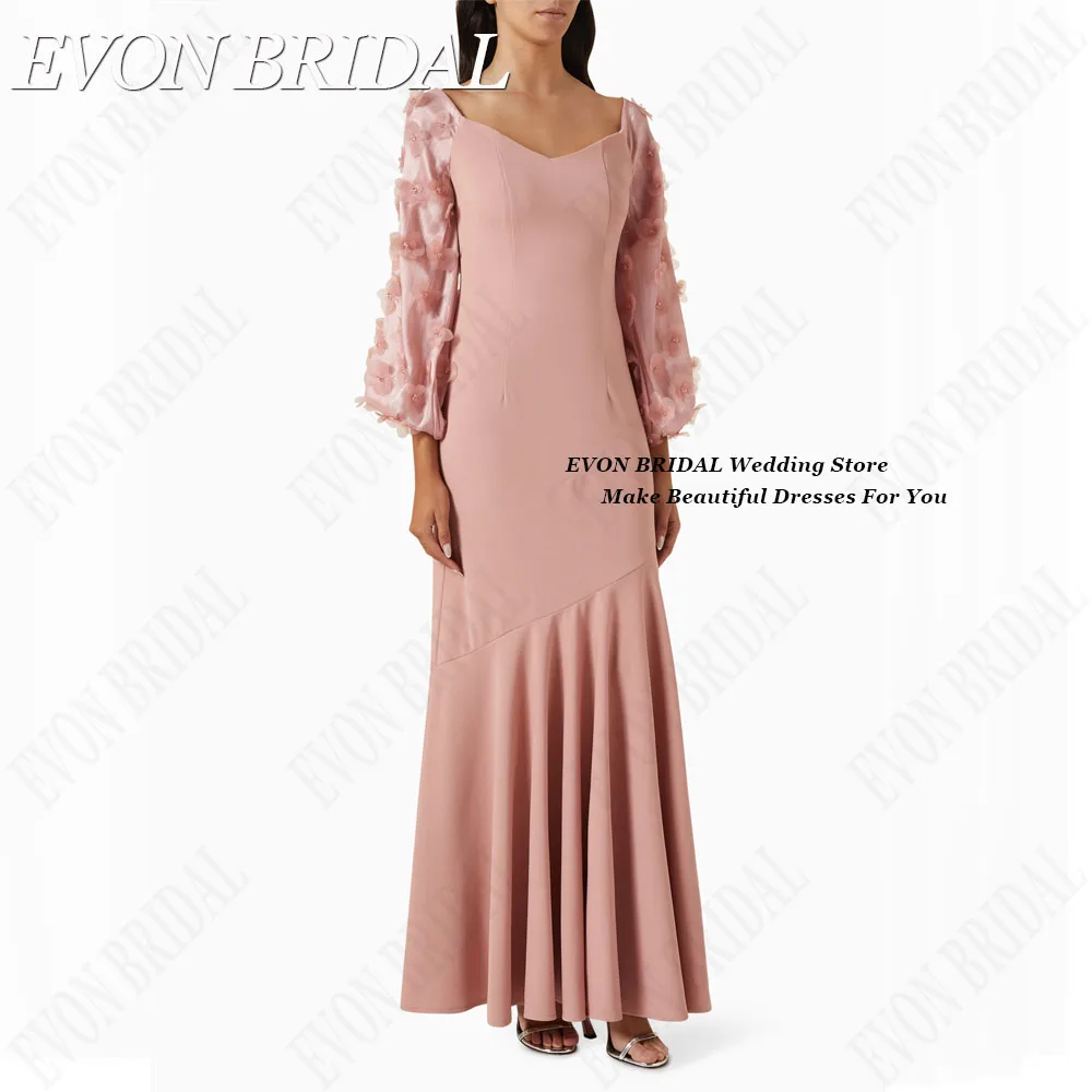 EVON BRIDAL Flowers Celebrity Dresses V-Neck Satin Mermaid Celebrity Red Carpet Dresses Formal Evening Gowns Puff Sleeves 6