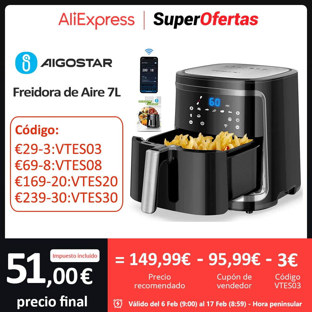 Freidora de Aire Inteligente Sin Aceite, 7L, Pantalla LED Táctil, 7 Funciones Preestablecidas + Mantener Caliente y Modo Manual, Cesta Antiadherente Extraíble, Conexión Wifi, Libre de BPA, 1900W