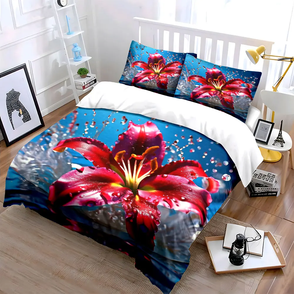 Luxury Red Lily Flower Bedding Set 3PCS Soft Polyester Duvet Cover Set with Water Splash Print Pillowcases for Home Decor 4