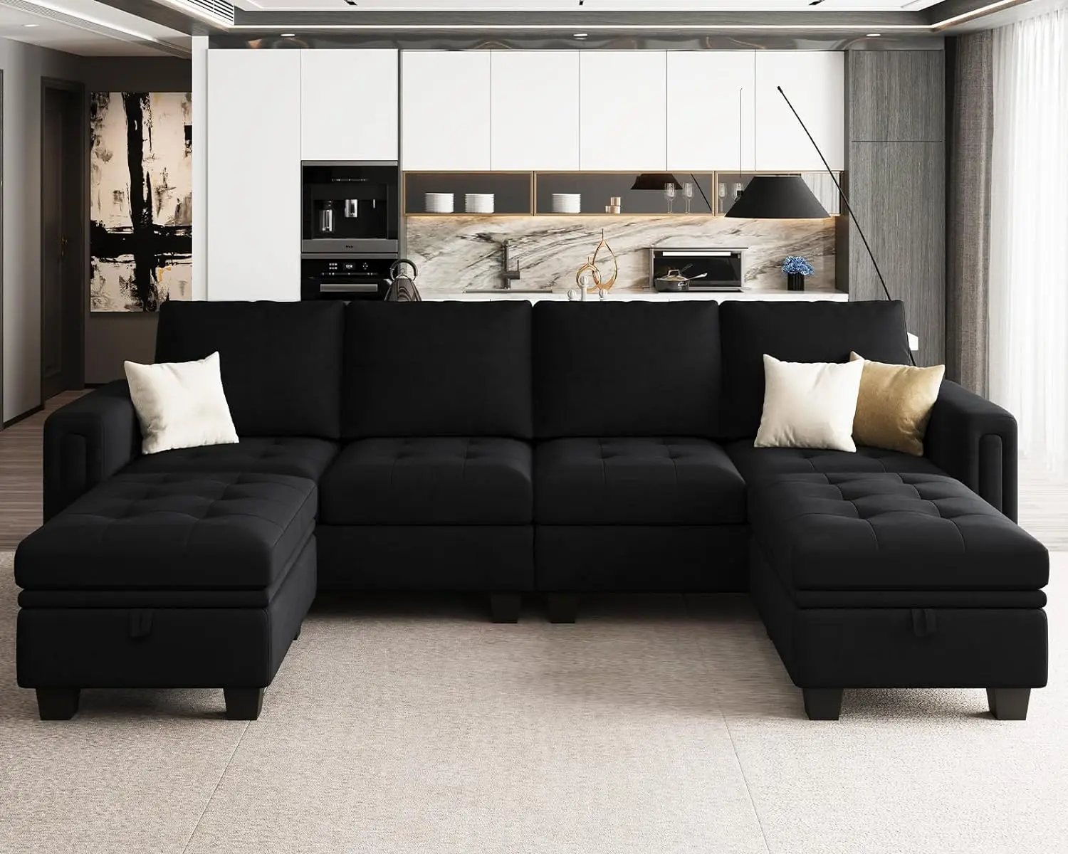 Velvet U Shaped Sectional Sofa Couch with Storage Ottoman Convertibel Sectional Sofa with Reversible Chaises