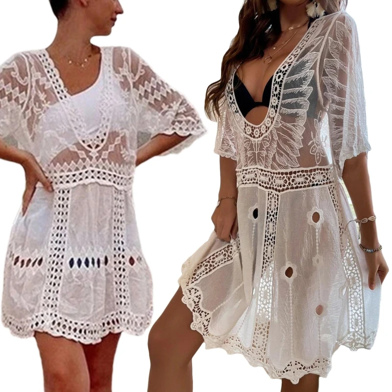 

Women Beach Cover Up Long Sleeve Sleep Shirt Dress Floral Lace Hollow Cover Up 10CF