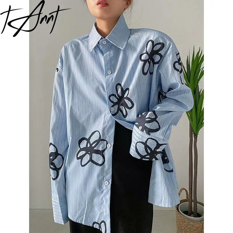 

Tannt Women Shirt Long Sleeves Fashion Printing Blouse Tops Color Matching Stripes Blue Long Loose Spring Tops Women 2023 New