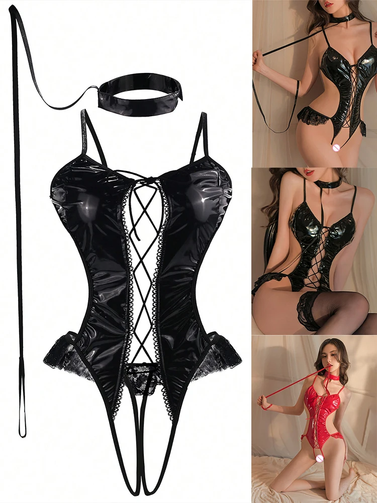 Hot Mesh Sexy Leder Body Erotische Teddies Kleid Exotische Körper Dessous Frauen Bdsm Verband PU Outfit Phantasie Babydoll Unterwäsche 1