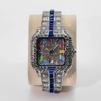 Luxury Diamond Watch Men Hip Hop Bling Iced Out Quartz Watches Fashion Blue Dial Silver Shiny Party Jewelry Relojes Dropshipping