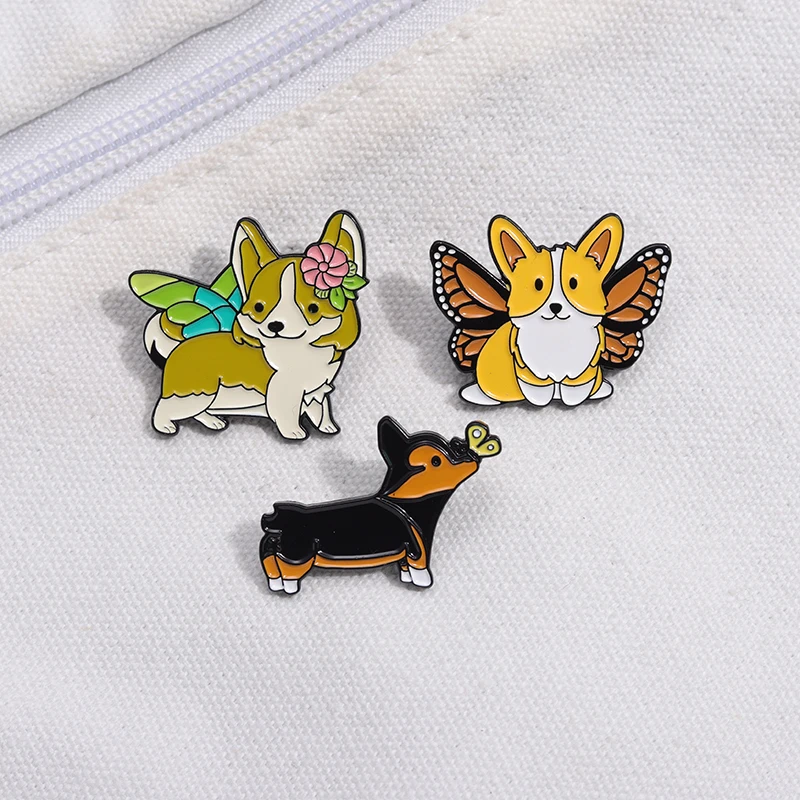 

Cartoon Fairy Corgi With Butterfly With Tail Enamel Pins Lapel Badges Cute Dogs Animal Brooch Decorative Accessories Jewelry Pin