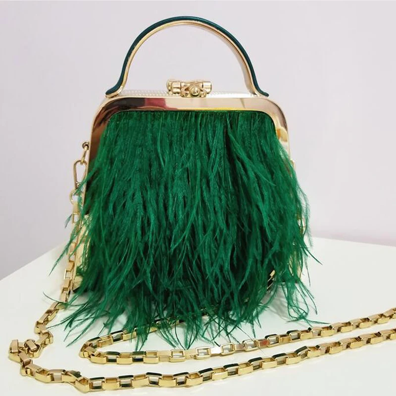 2022 Luxury Ostrich Feather Party Evening Clutch Bag Women Wedding Purses and Handbags Small Shoulder Chain Bag Designer Bag