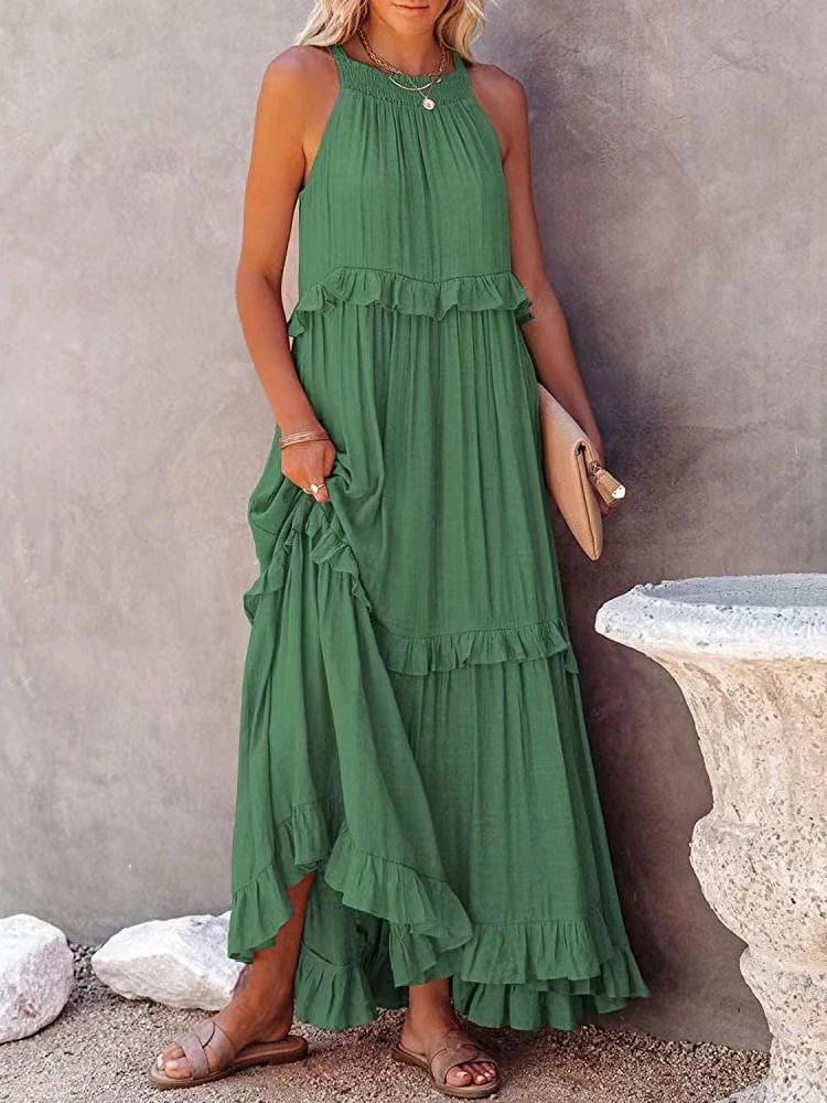 

Female Beach Party Ruffle Maxi Dresses Elegant Robe Women Solid Long Dresses Summer Casual Loose Sleeveless Hollow Tie-Up Dress