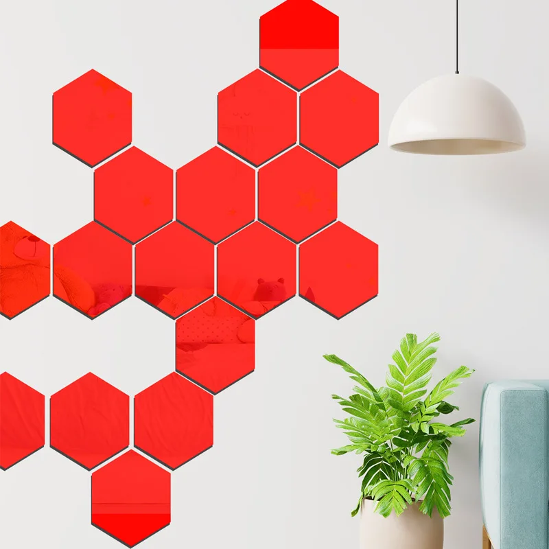 12pcsMultiSizeHexagonMirrorStickerGoldSelfAdhesiveTilesWall