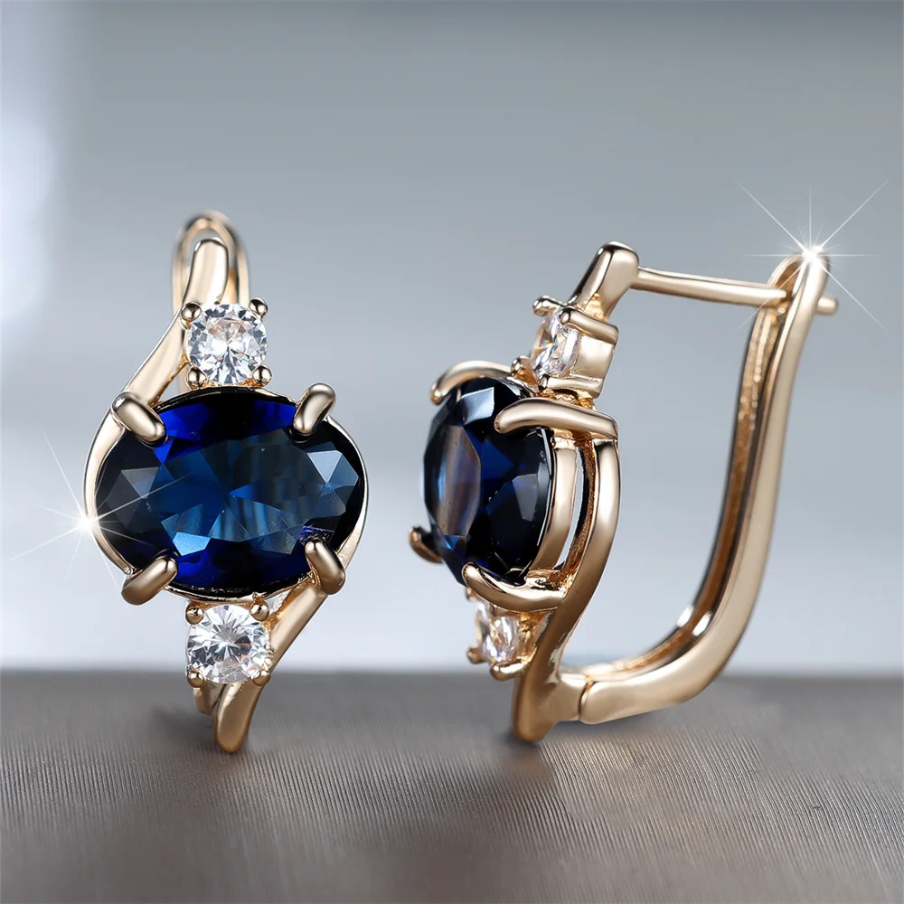 Blue Crystal Geometric Zircon Oval Stone Hoop Earrings For Women Vintage Gold Color Ear Buckle Wedding Jewelry Engagement Gifts