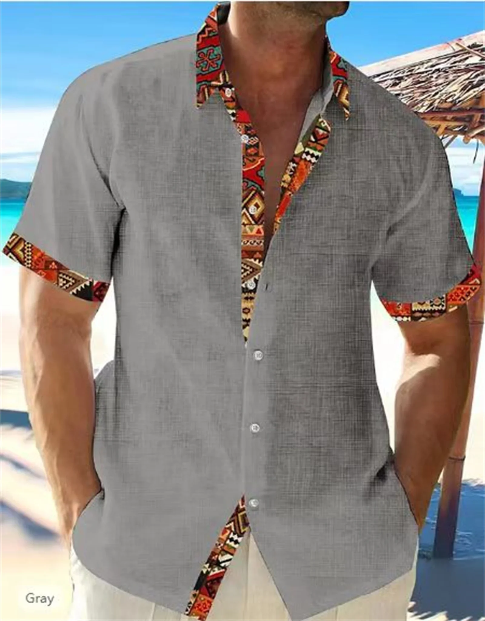 

2023 Summer Fashion New Men's Hawaii Beach Pink White Blue Grey Linen Short Sleeve Shirt Men's High Quality Street Top
