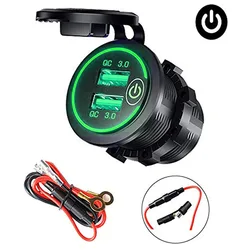 Dual USB Fast Car Charger Socket with Waterproof Switch and Quick Charge Adapter (Green with wire)