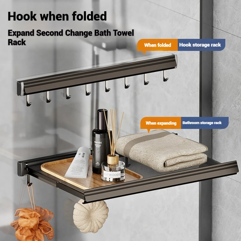 Folding Clothes Drying Net Punch-free Retractable Load-bearing 10kg Balcony Bathroom Bedroom Storage Rack With Hooks 5
