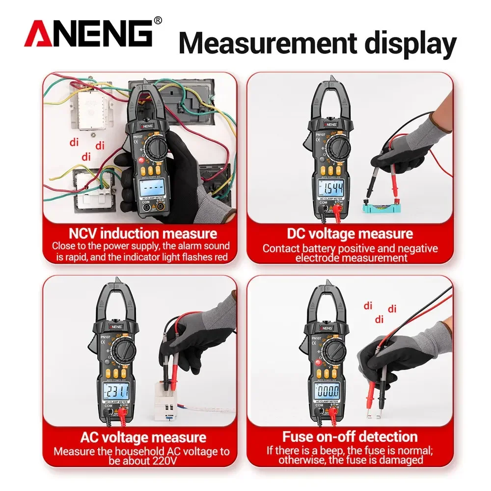 Digital Multimeter ANENG PN107 Clamp Meter Multimeter Digital AC Current Meter 600V AC Voltage True RMS 4000 Count Electrical Capacitance Ohm Test