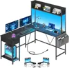 L Shaped Desk Gaming Desk with LED Strip & Power Outlet, Reversible L-Shaped Computer Desk with Storage Shelf & Drawer, 1