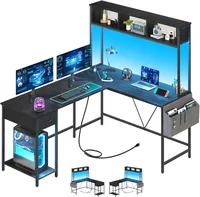 L Shaped Desk Gaming Desk with LED Strip & Power Outlet, Reversible L-Shaped Computer Desk with Storage Shelf & Drawer, 1