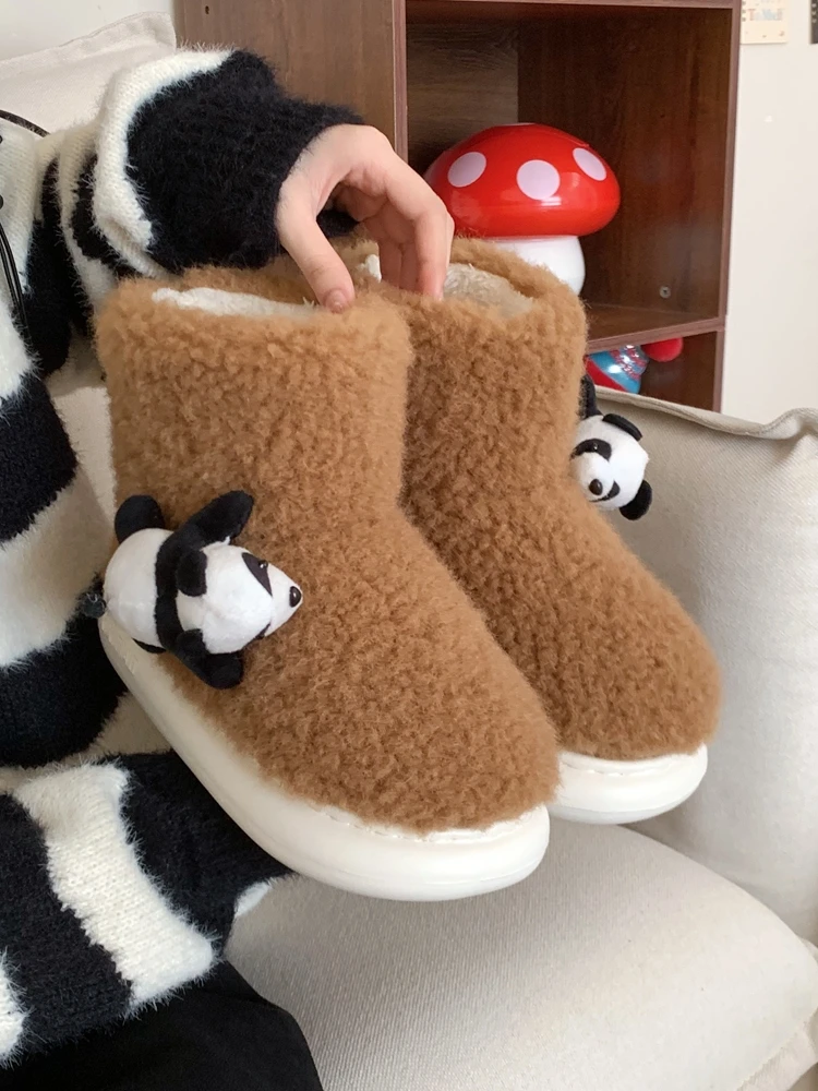 Versatile Lamb Wool Cotton Shoes Cute Panda Snow Boots Winter Lying Down Bear Indoor Household Snow Boots Fur Boots