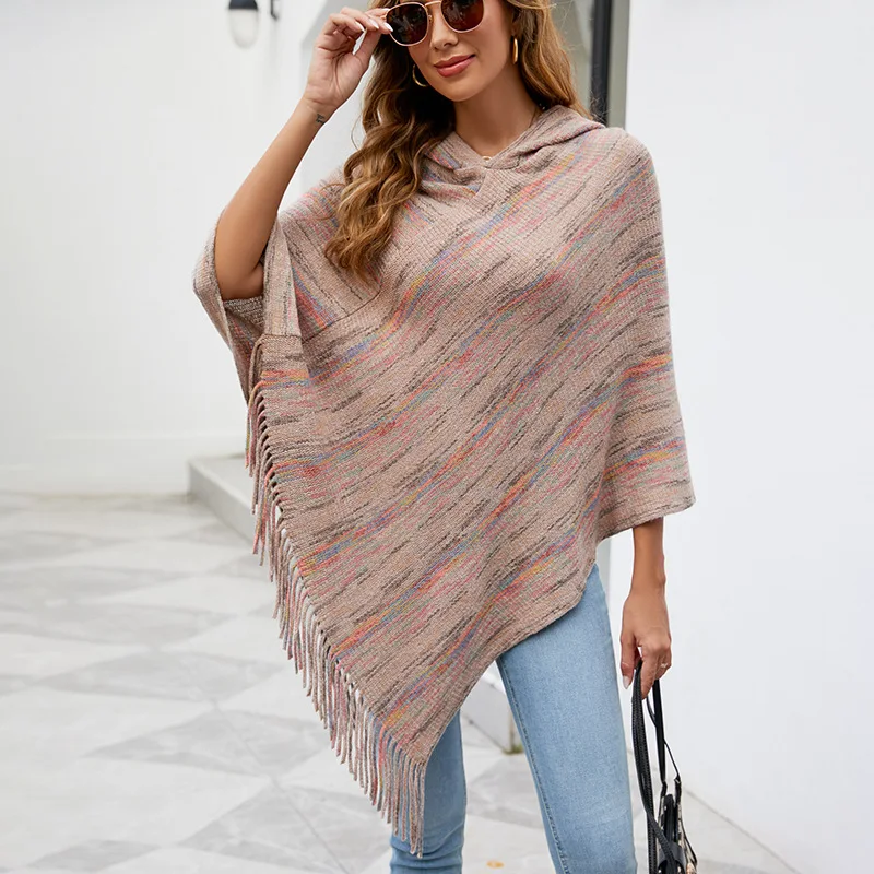 New Autumn Winter Batwing Sleeve Hooded Striped Poncho Women Fashion Sweater Cloak Pullover Shawl Female Tassel Cape 2022 new summer silk scarf female seaside large shawl travel scarf sunscreen beach towel ethnic style summer sunshade