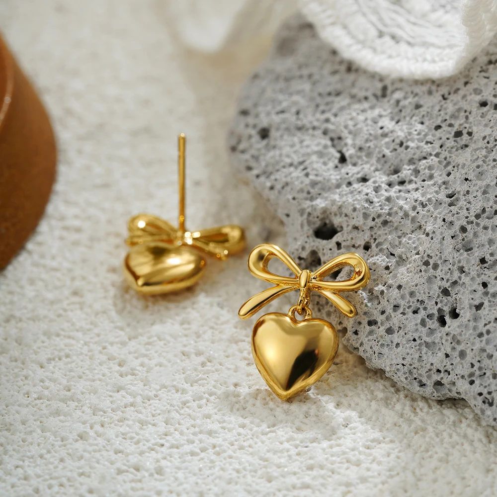 Thick PVD Love Heart Pendant Drop Earrings 18K Gold Plated Bow Knot Non Tarnish Earring Summer Popular Daily Jewelry Gift Bijoux