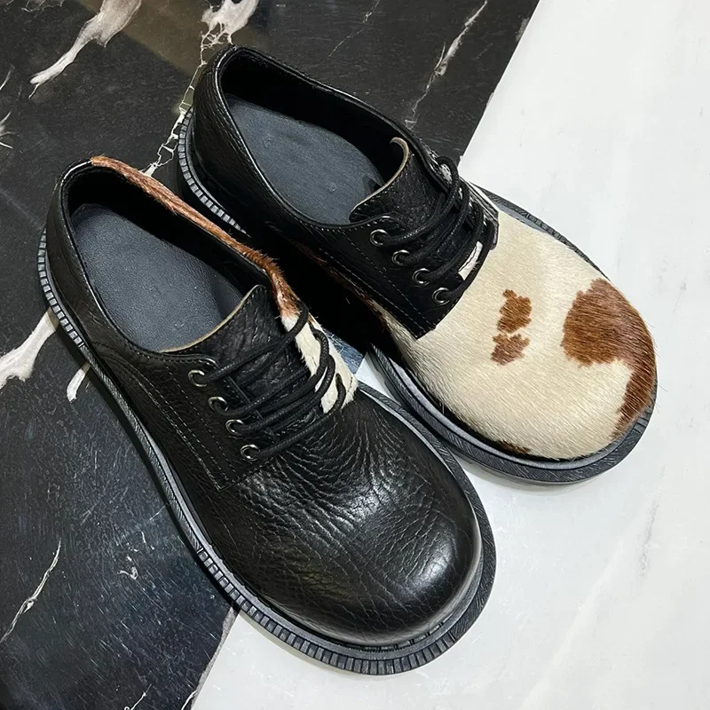 Horsehair Debi Same Men and Women Milk Mandarin Ducks Small Leather Lace-up Thick Heel Platform Soft Single Casual Shoes