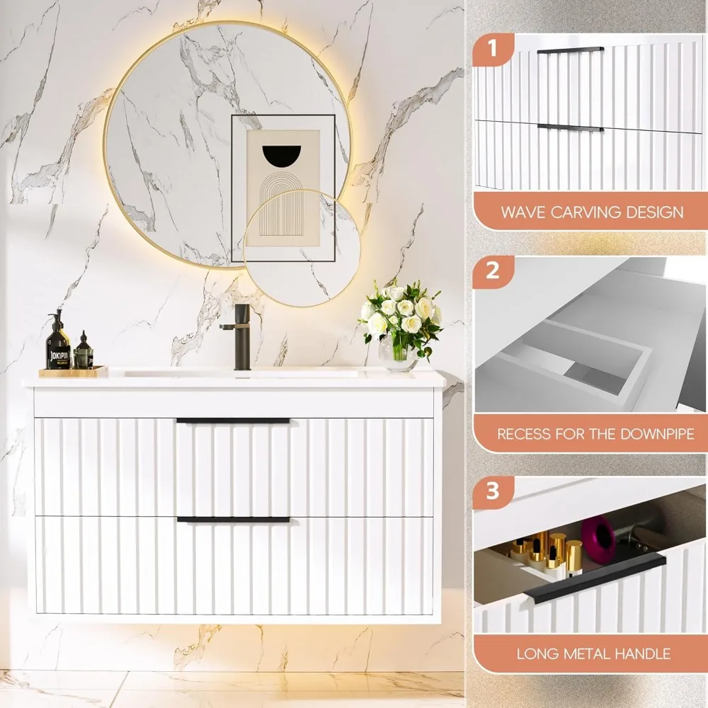 30" Bathroom Vanity with Sink, Floating Wall Mount, Soft-Close Function, Grooved Stripe Design, Hidden Damping Drawers (White) 6
