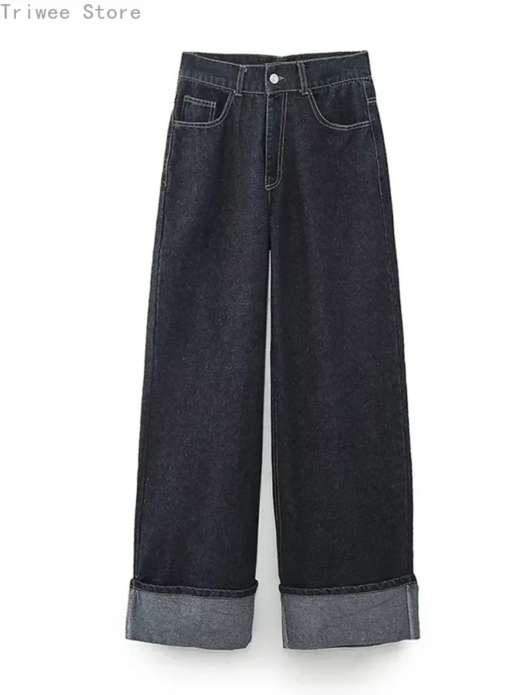 Casual Denim Pant Set for Women Lapel Long Sleeve Single Breasted Jacket Wide Leg Pocket Trouser Lady Streetwear Chic Outerwear 5