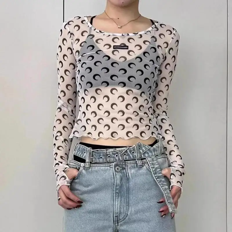 Women Sheer Mesh Shirt Long Sleeve Crop Top Slim Elastic Blouse Y2K Casual Sexy Ruffles Bottoming T Shirt 1