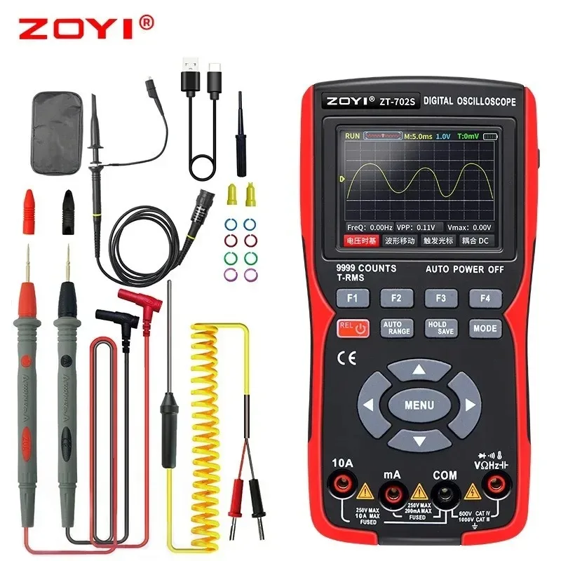 Zoyi Zt-702S Multimetro Per Oscilloscopio Automobilistico Digitale Portatile 2 In 1, Larghezza Di Banda 10Mhz A Canale Singolo, Lunghezza Di Registraz