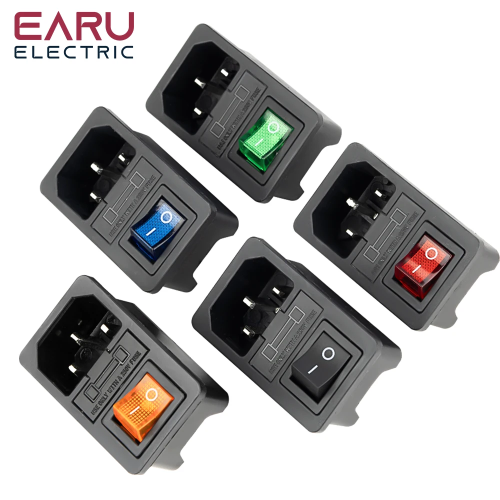 พร้อมฟิวส์ 10A! Red Rocker Switch Fused IEC320 C14 Inlet Power Socket ฟิวส์สวิทช์ขั้วต่อปลั๊กสีแดงสีเขียวสีฟ้าสีดํา 1